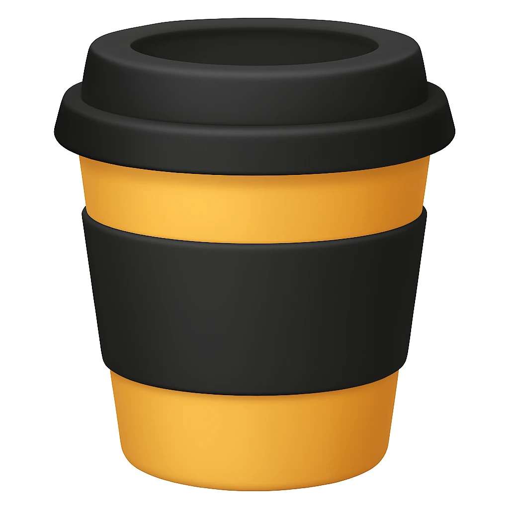 Make a closed coffee to-go cup, more emoji-like, smaller, no emoji or logo in the middle. Use a black lid and sleeve. The style should resemble an emoji style. emoji