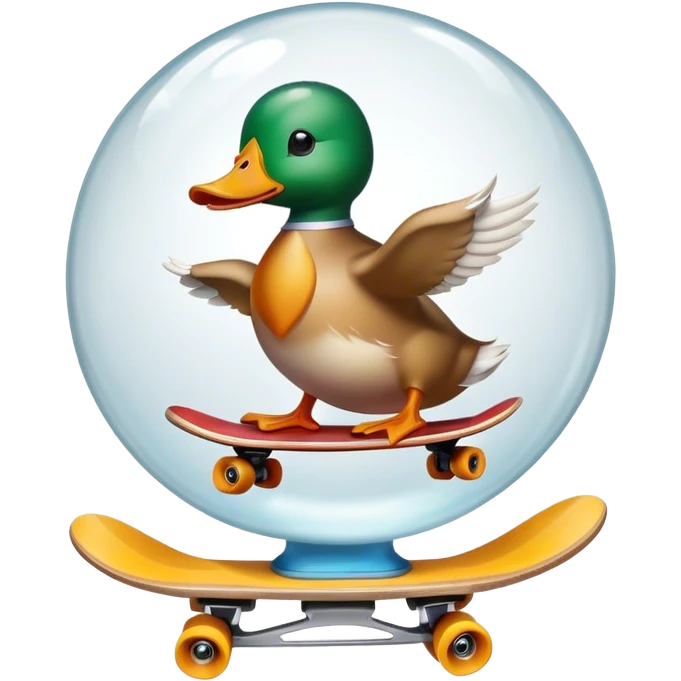 A large glass sphere a duck riding a skateboard inside emoji