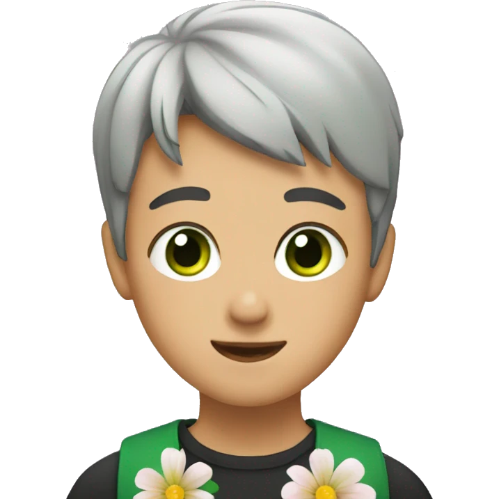 Boy with a green eyes and dark short hair stay with a flowers emoji