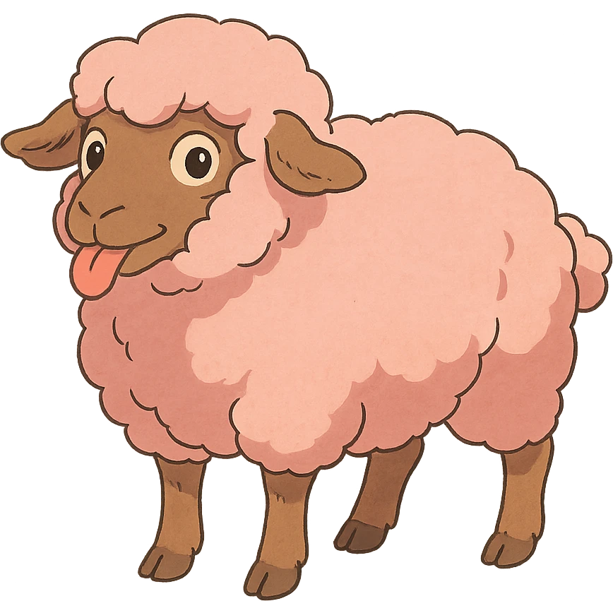 ghibli style pink sheep with tongue out emoji