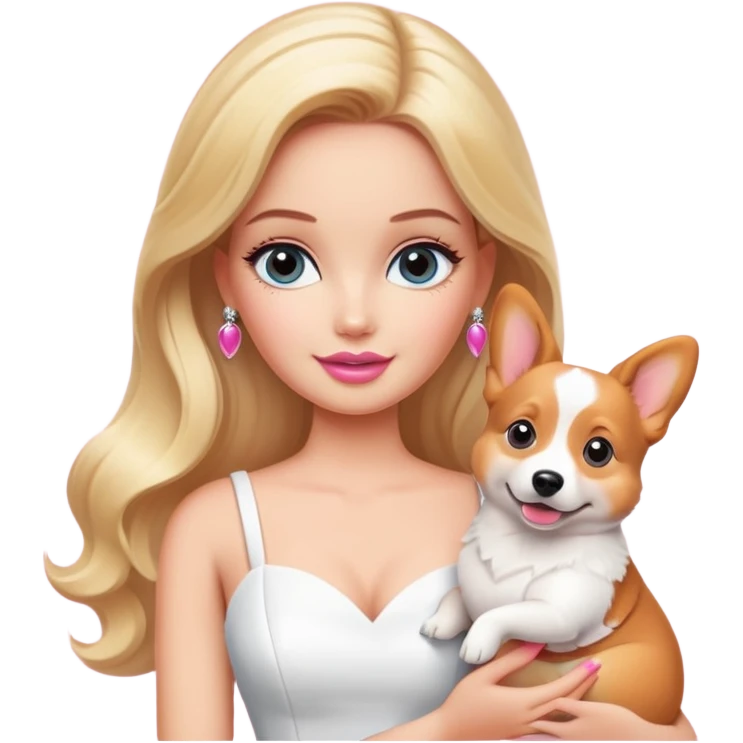 穿白色衣服的白金色长发化妆的欧美芭比女孩抱着柯基 emoji