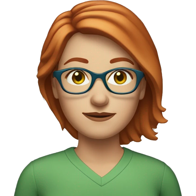Middle age Caucasian woman with choppy straight chin-length highlighted red hair and blue eyes and green glasses emoji