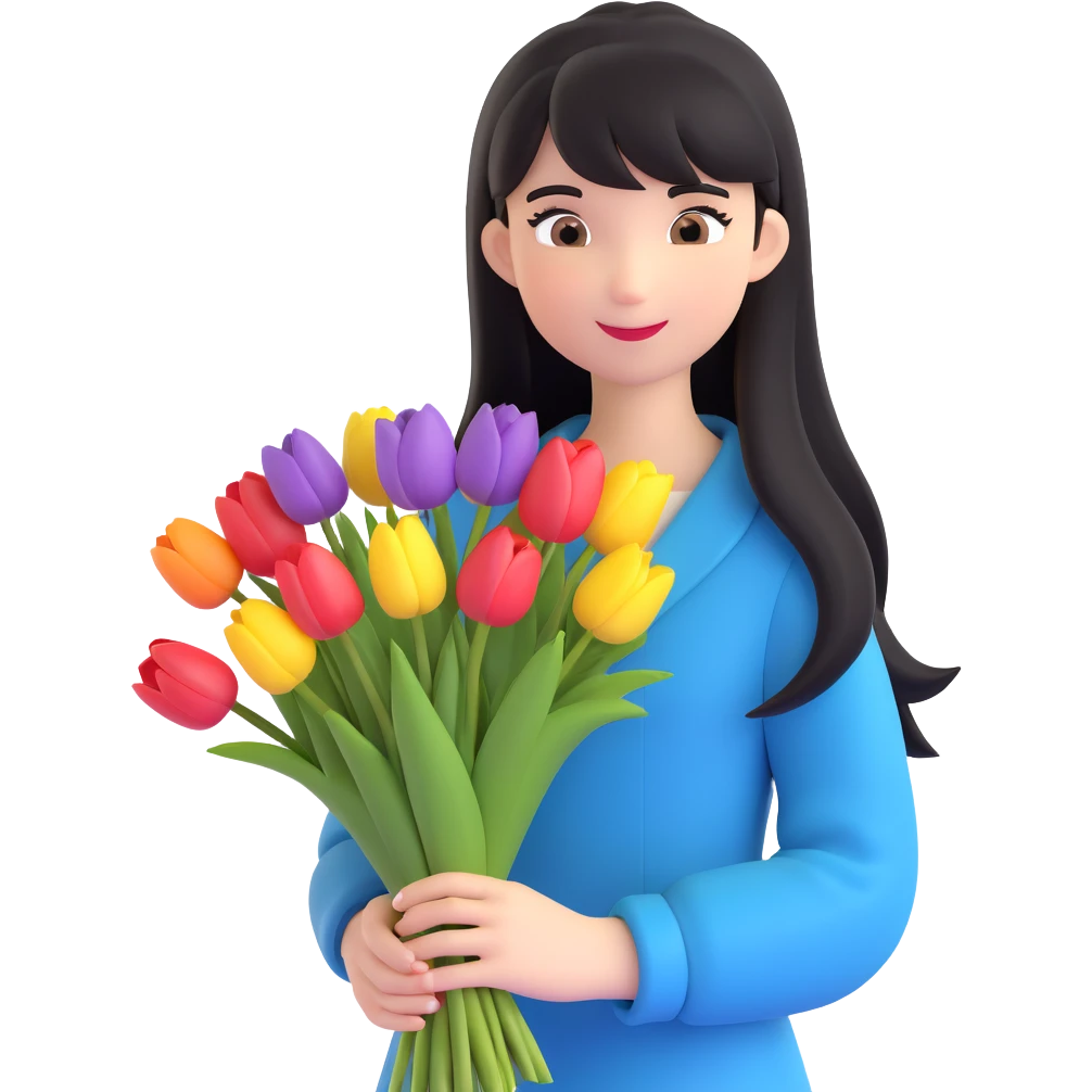 girl with long black hair and thin bangs, picking a bouquet of tulips in the garden emoji