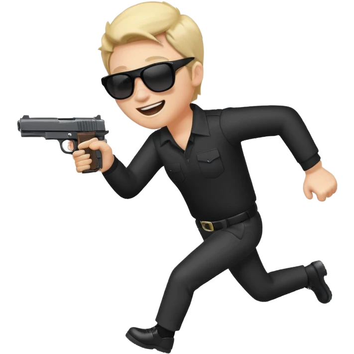 Quiero un emoji con lentes negros con una pistola automática en la mano riéndose y pasandose la pistola por la cara emoji