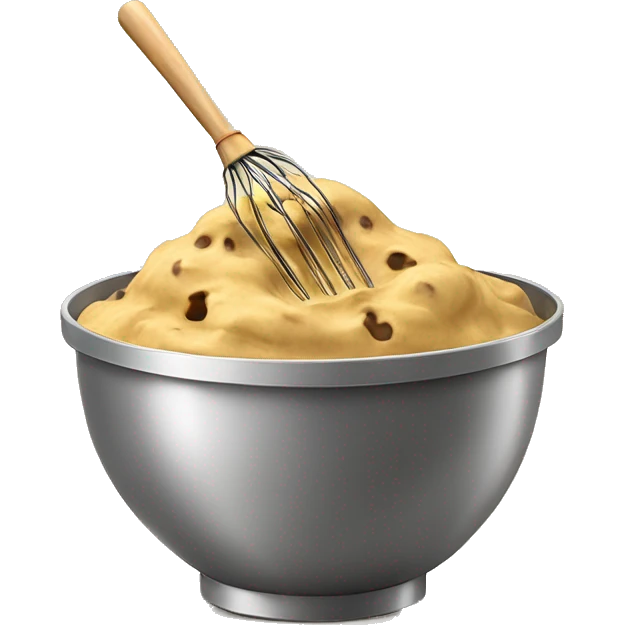 Realistic gold mixing bowl of cookie dough and with gold wisk in the bowl with it. emoji