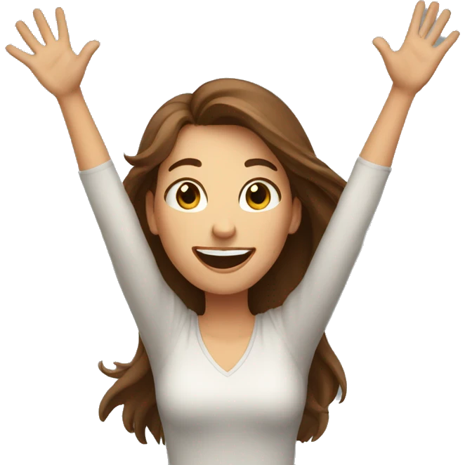 excited woman with long brown hair with arms raised above head emoji