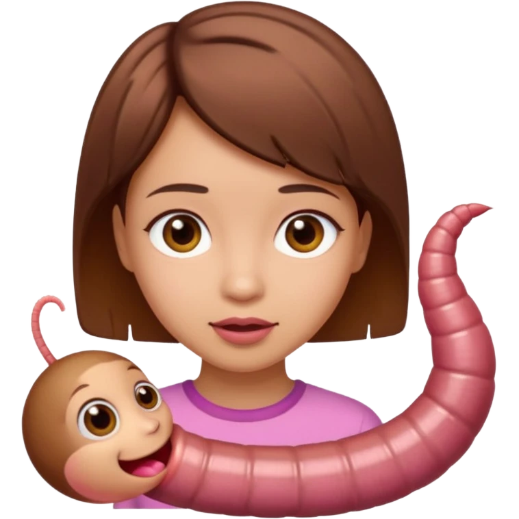 a girl light skin with brown eyes, brown short hair and a worm emoji