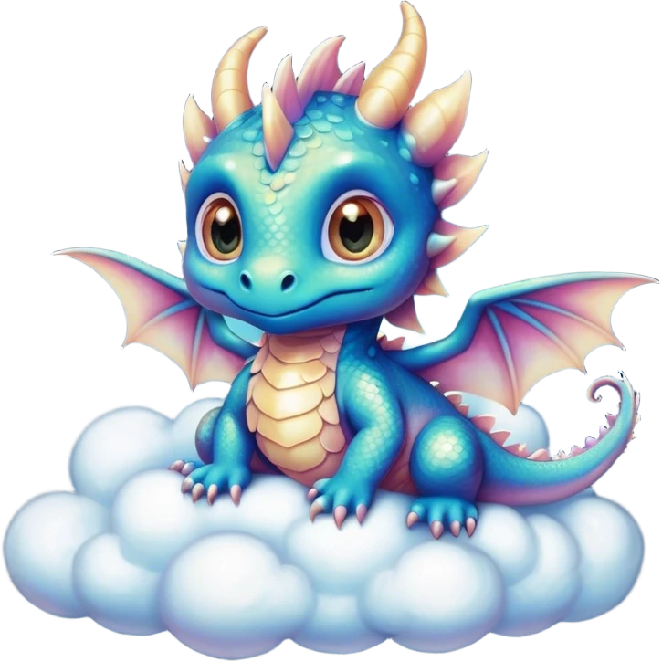 Airbrush painted image of an adorable little baby dragon with large glistening eyes sitting on a cloud under a deep galactic sky with pearlescent scales and wings spread against the stars emoji