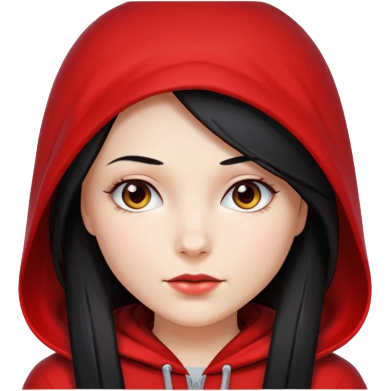 white girl with long straight black hair and a white streak, wearing a red hood emoji