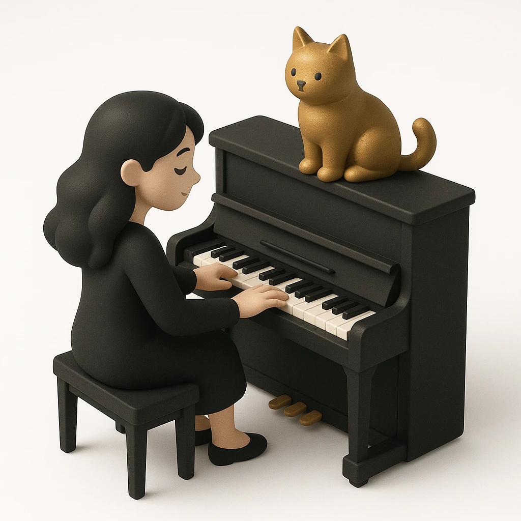 woman playing piano while her cat sits on top of the piano emoji