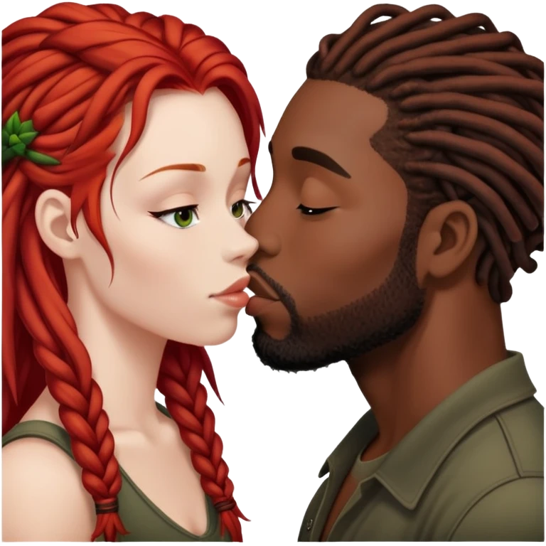 Mulher de cabelos ruivos e pele branca. O homem tem dreads nos cabelos e é negro. Ambos se beijando.  emoji
