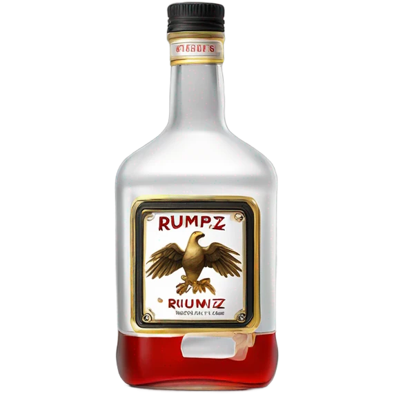 clear bottle of rumpleminze clear alcohol with a label that black with red border and font that has a small gold eagle on the label that says “RUMPZ” emoji