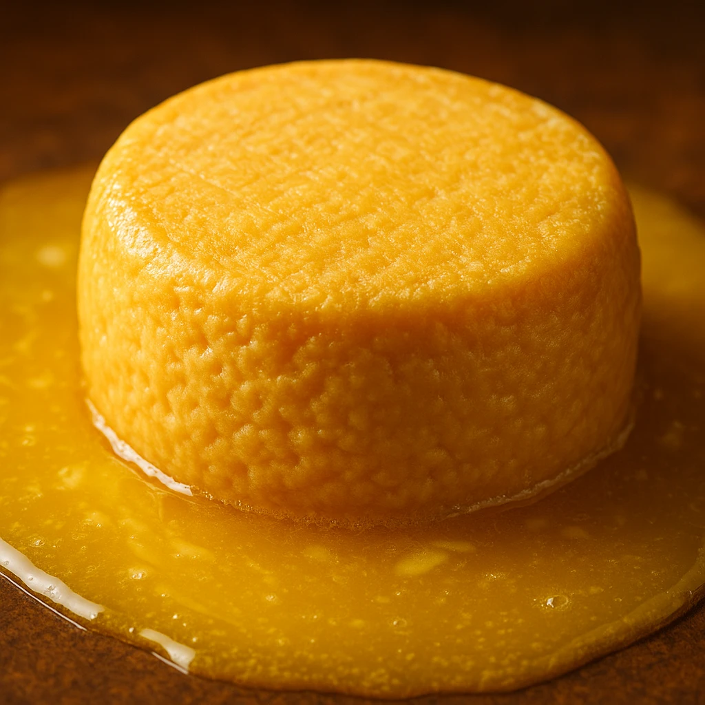 a head of cheese lying on melted butter emoji