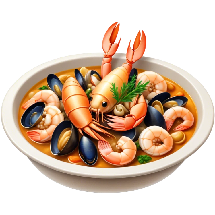 Cinematic Realistic Buzara Seafood Dish Emoji, depicted as a rustic, flavorful seafood stew with shellfish rendered with rich textures and dynamic, maritime lighting. emoji
