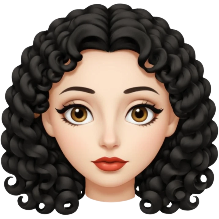 persona mujer con piel clara y rizos suaves color negro y largos  y sin volumen y con delineador en los ojos y con los labios medianos, ojos almendrados y nariz respringada emoji