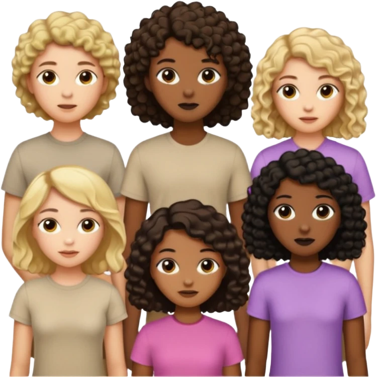 group of people  together ; men and women with one with brown straight hair one with blonde hair and one with black curly hair- short hair, long hair and curly hair wearing beige shirts aesthetic no collar, brown people, white people, black people emoji