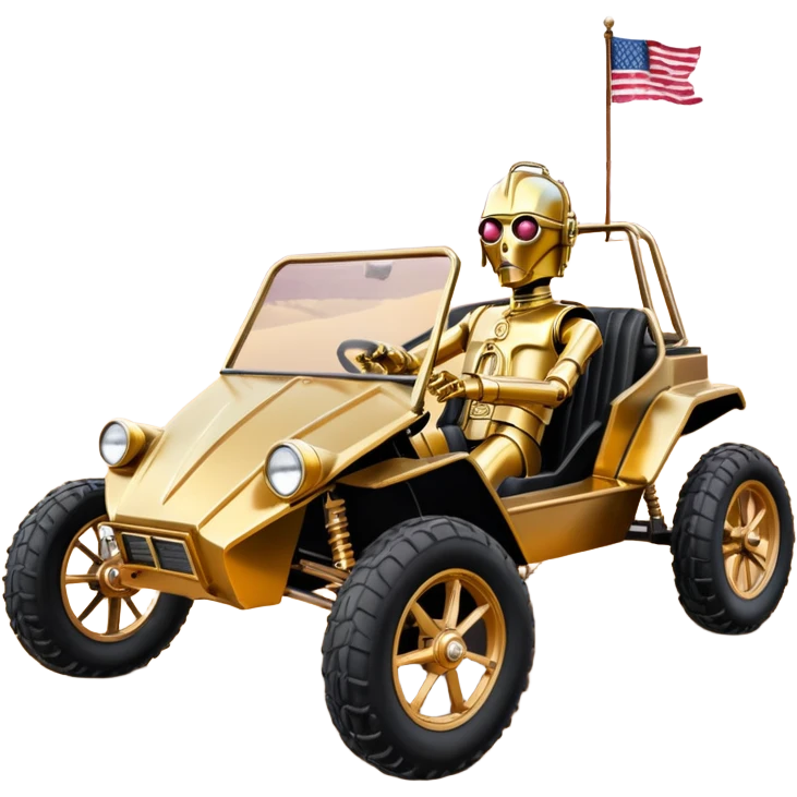 Old American West tarnished neon underglow C-3PO bounty hunter 1754 delicately ornate rosegold accents painted dune buggy buckboard wagon powered by electric motors and batteries with safety and belts flying rapidly roughening terrain stable on strong agile advanced suspension and steering emoji