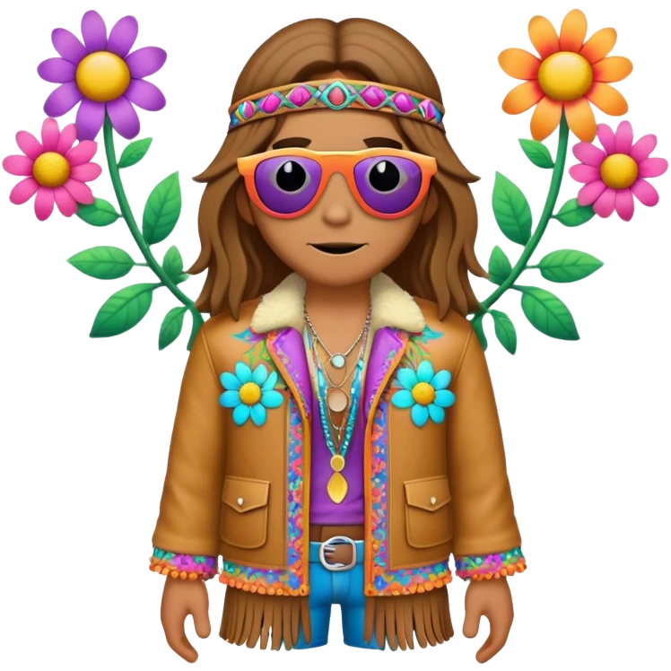 3D, psychedelic colored hippie wearing hip huggers and a fringed jacket with flower border emoji
