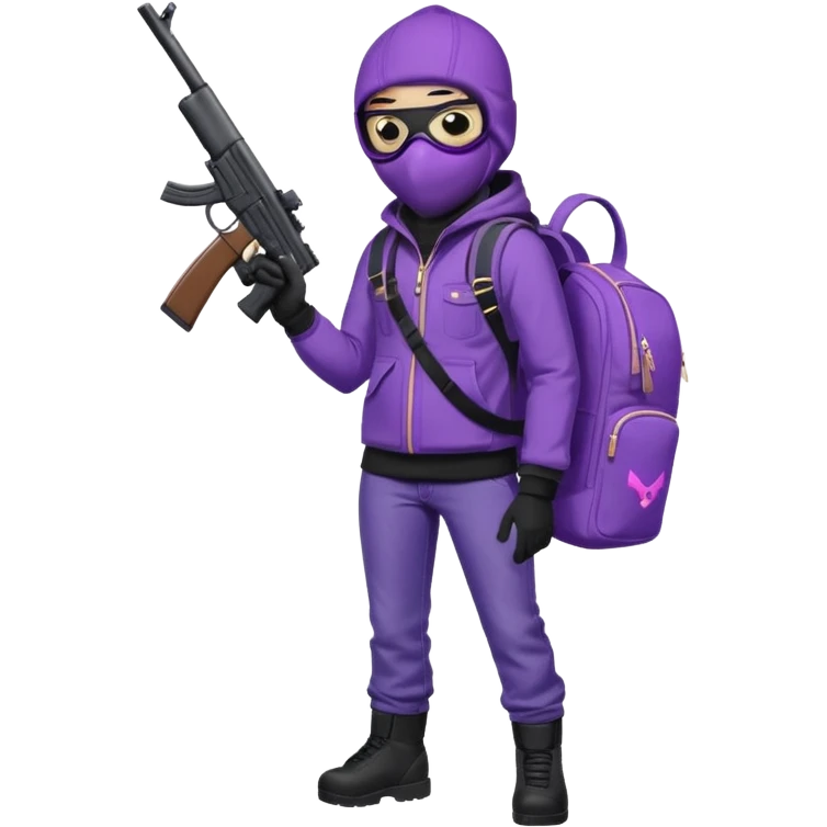 YN wearing a ski mask, holding a gun, purple jeans, Sprayground bookbag, confident stance emoji