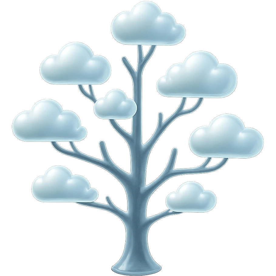 one tree with many branches, each branch covered with small, very bright white, saturated color, fluffy convex clouds, matte glass style emoji