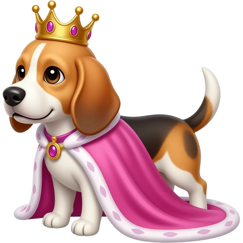 Queen beagle wearing crown and pink royal cape emoji