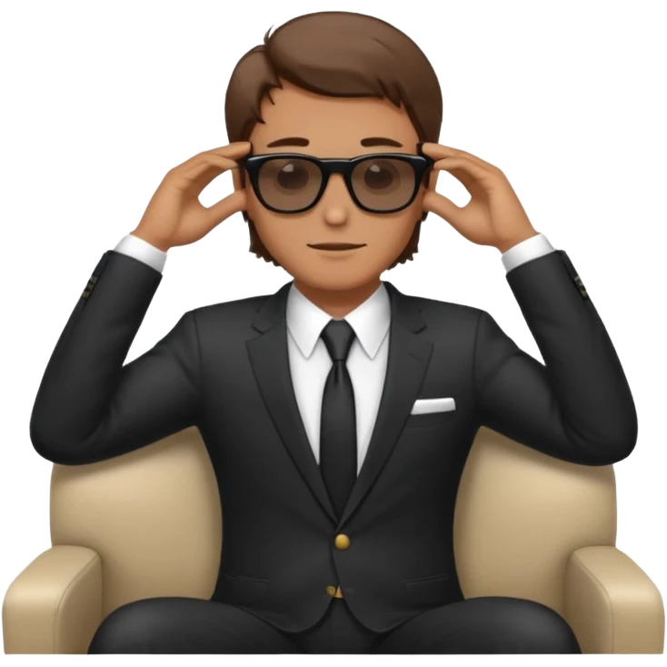 white man with brown hairs in formal suit wearing sunglasses resting with hands behind head emoji