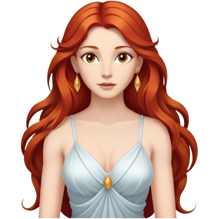 femme avec des cheveux très long roux, yeux marrons belle comme une déesse avec un beau corps emoji