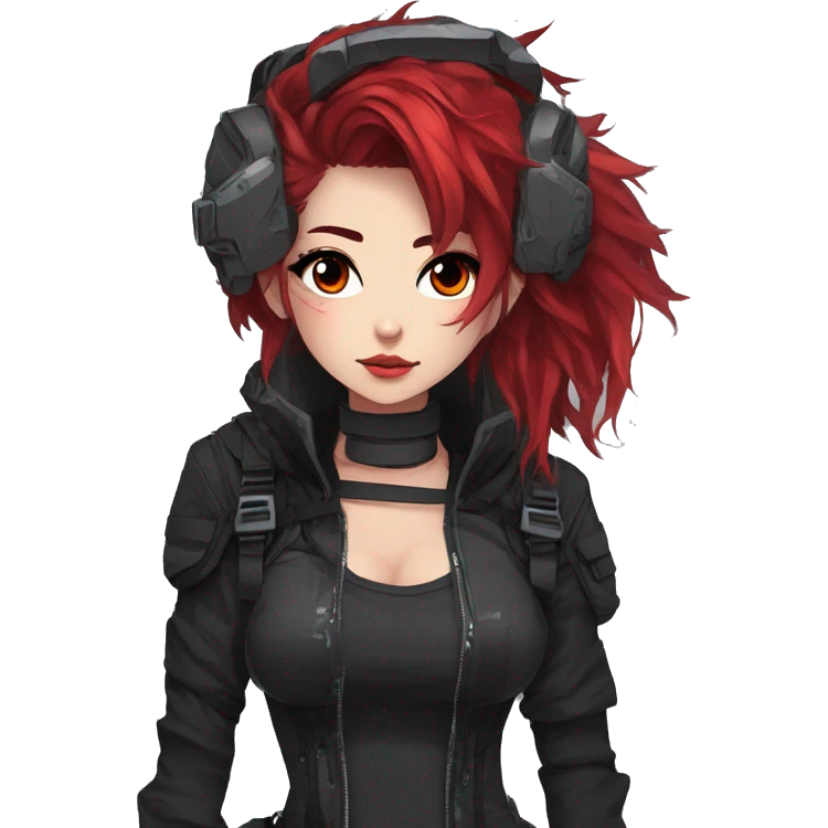 Gorgeous techwear anime style lady with blushing face aesthetic and pretty edgy black red punk messy hair and collar and harness trending style emoji