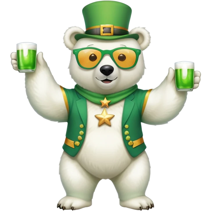 full body friendly anthropomorphised polar bear wearing oversized colorful star glasses and festive St. Patrick's Day outfit, playful pose emoji