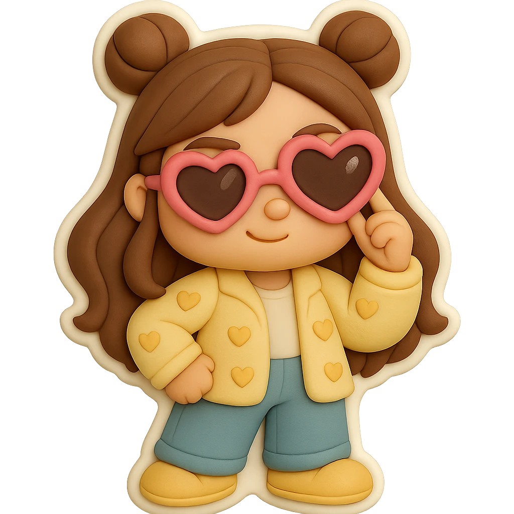 Create a 3D chibi fondant cake art style image of a girl based on the reference image. Preserve facial features and eye shape exactly as in the reference. She has long brown hair styled in two space buns, brown eyes, and shoes matching the reference. She stands with one hand on her hip and the other hand holding the arm of her pink heart-shaped sunglasses with a shiny highlight. The expression is confident, businesslike but kind. Include a thick white outline like a sticker and ensure the background is transparent. emoji