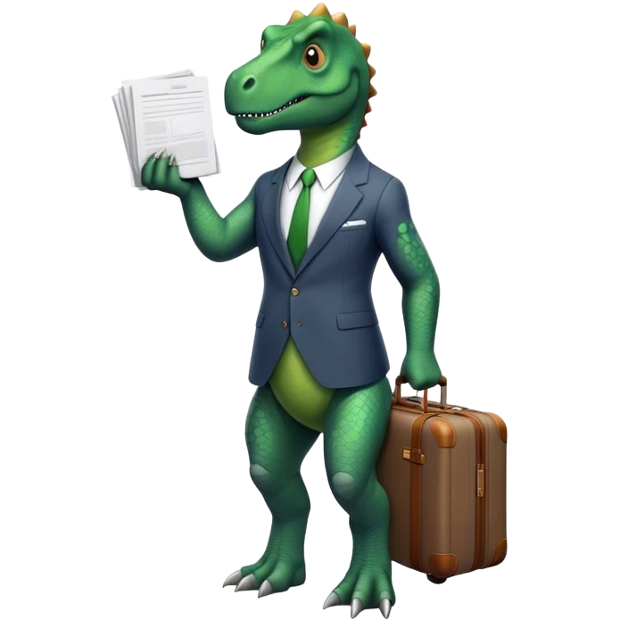 office Dinosaur in a suit, a huge luggage full of papers, trip emoji