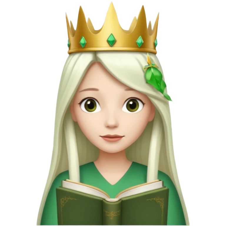 Long Hair Women with green Book, White straight hair, crown

 emoji