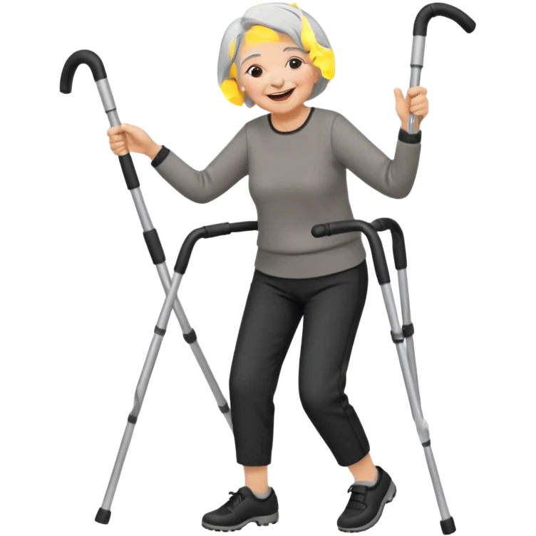old woman with short hair, dressed with pants, laughing and dancing with crutches emoji