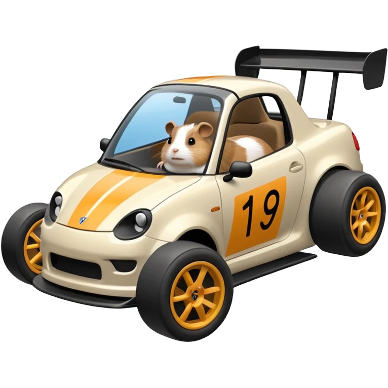 Racing drift car whose frame and suspension is made of shopping cart material with a large rear spoiler is being professionally steered driven by a small thin Guinea pig  emoji