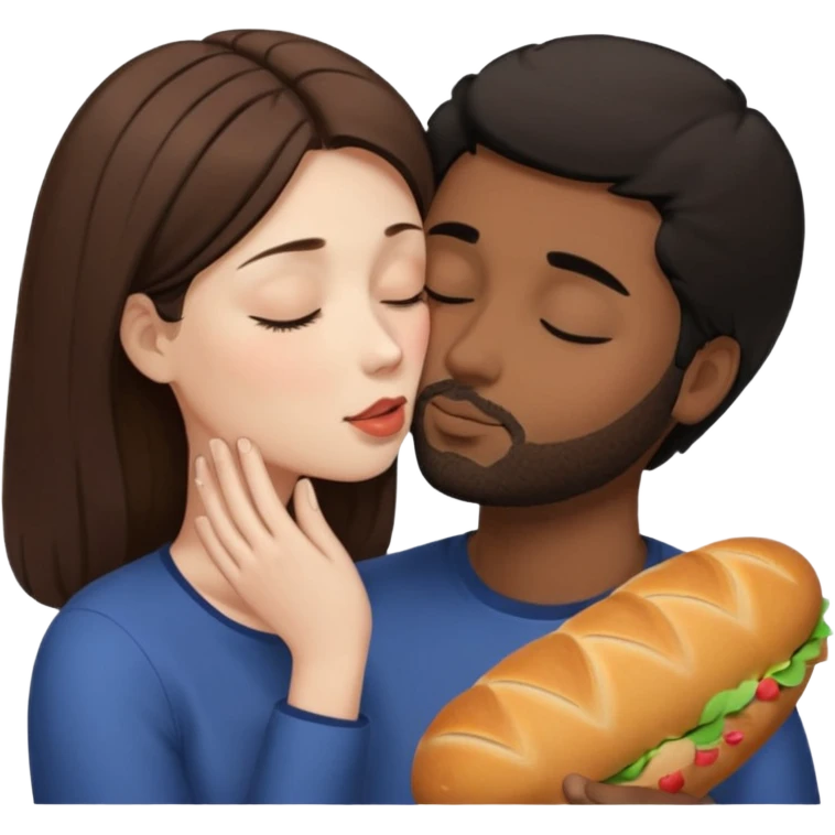 White woman with brown hair with eyes closed kissing forehead of brown man with black hair and a bread with eyes also closed emoji