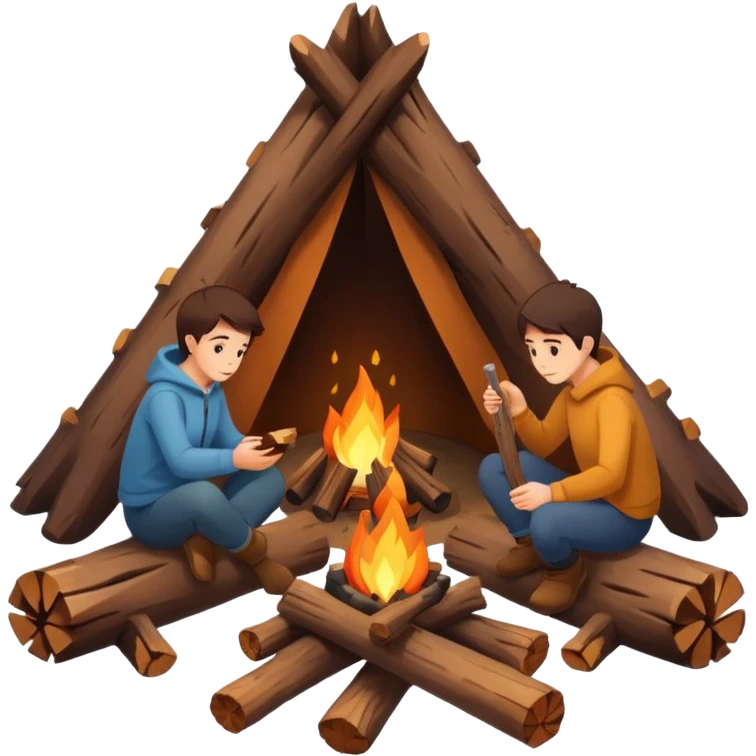 A cozy campfire emoji with two logs and glowing embers, with subtle human silhouettes sitting around. Warm tones, minimal flat emoji style, white background. emoji