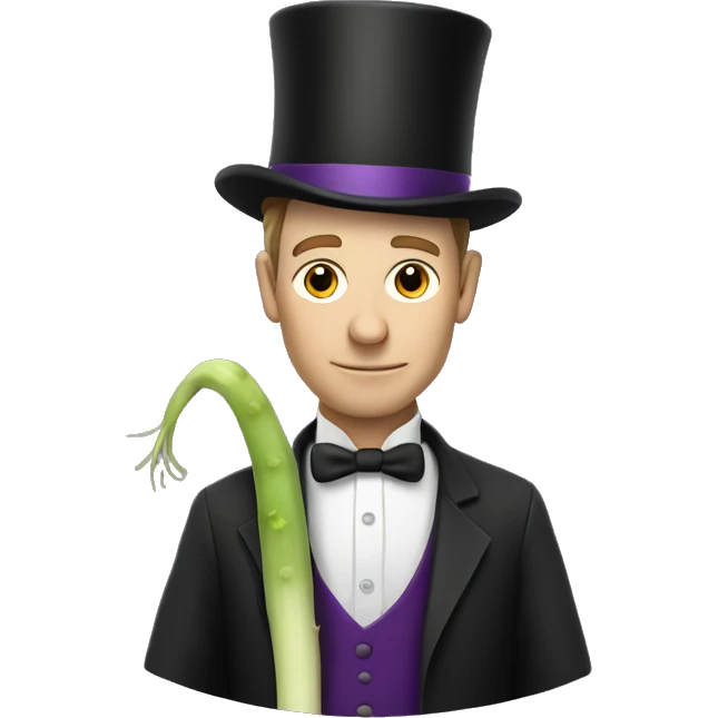 White man wearing a Top Hat with a purple band holding a leek emoji