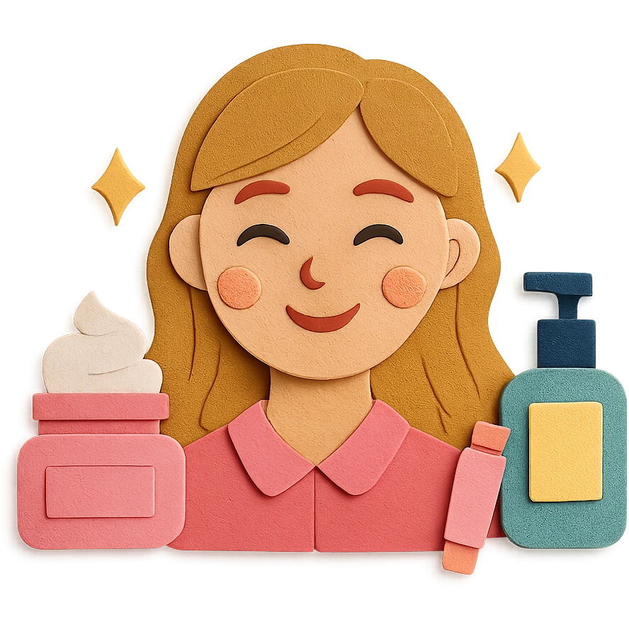 preppy girl with glowing skin, surrounded by skincare products emoji