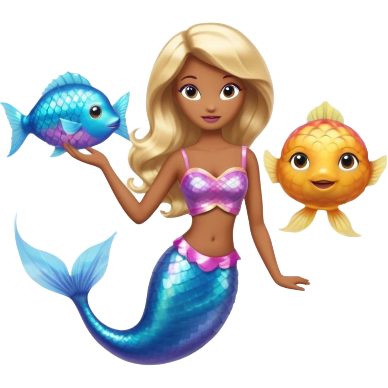 Brown skin blonde hair barbie mermaid with holographic tail  with pufferfish emoji