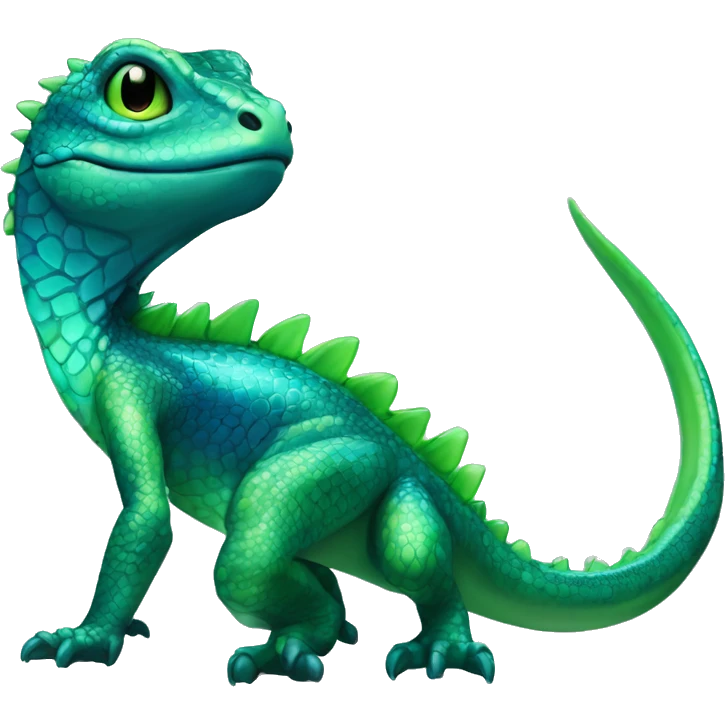 A Cyan Shiny Glossy Iridescent Anthro-Scalie-Lizard-Reptile-Salamandrian-Fakémon with dark-blue patterns and light-green belly Full Body emoji