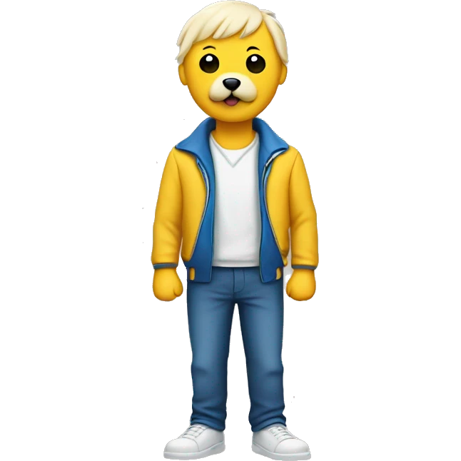 A white yellow guy with a blue jacket with a dog bone with a cute white dog on the side  emoji