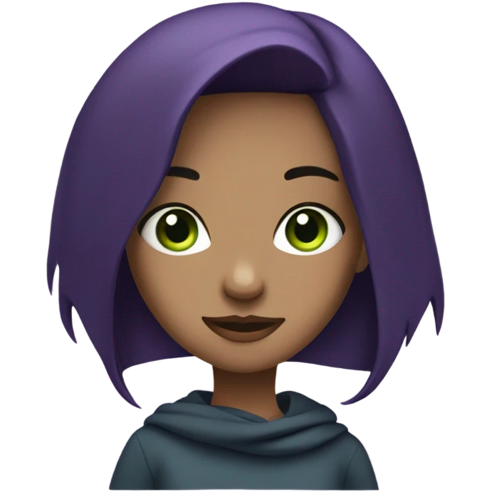 a girl with dark purple hair, a black bandana, green eyes and a blue sweatshirt emoji