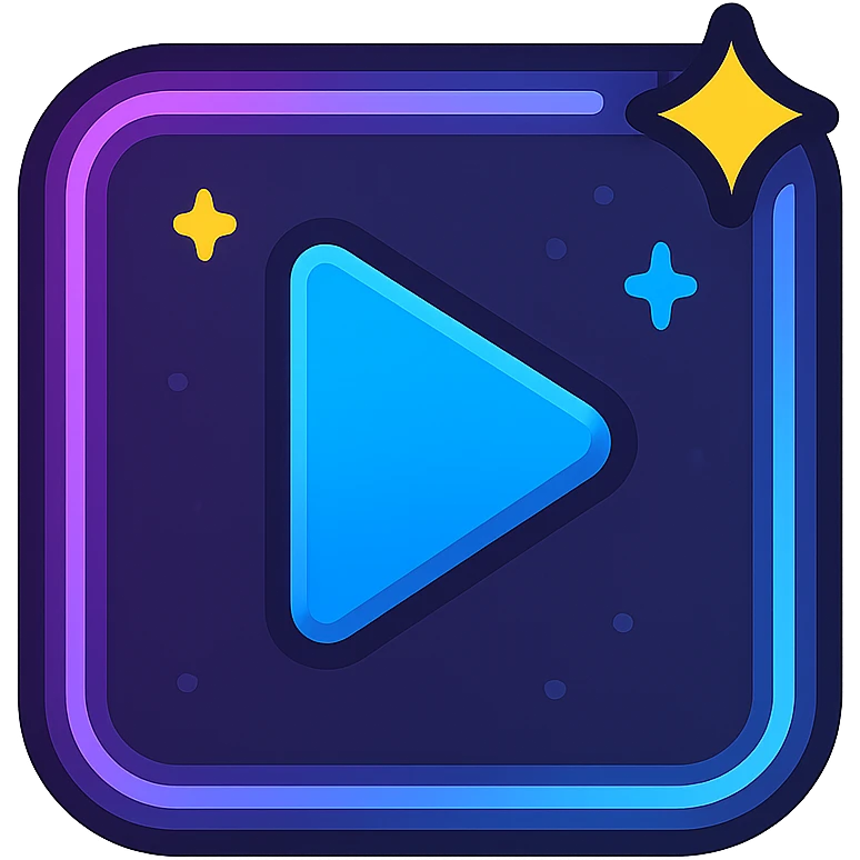 animated play icon with dark purple, blue, and black base, bright accents, complex gradients, stars, bright neon border, modern clean play symbol, subtle glowing and moving stars neon effects, sophisticated futuristic style emoji