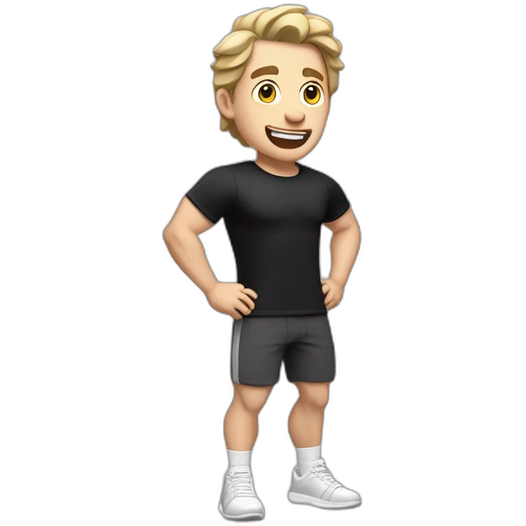 amazed Open with surprise mouth Pale skinned Fit Man With the biceps and dark brown hair in black shirt, gray sports shorts and white Sneakers emoji