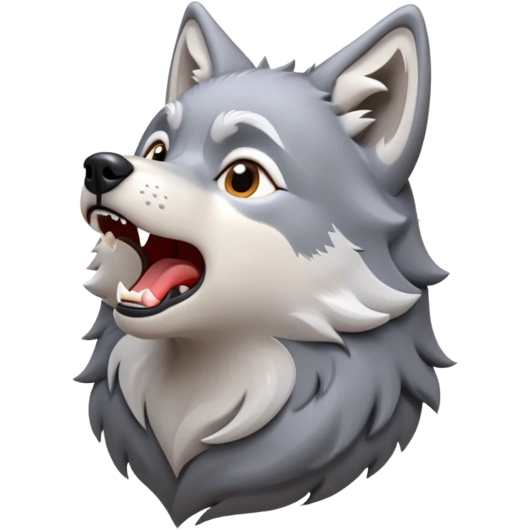 cinematic-cute-howling-wolf-portrait-emoji,-head-tilted-slightly-with-a-dramatic,-wide-open-howl,-showcasing-a-smooth-grey-and-white-fur-with-drooping-ears,-round-eyes-barely-open-in-drowsy-contentment,-simplified-yet-irresistibly-adorable zoomed out showing shoulders emoji