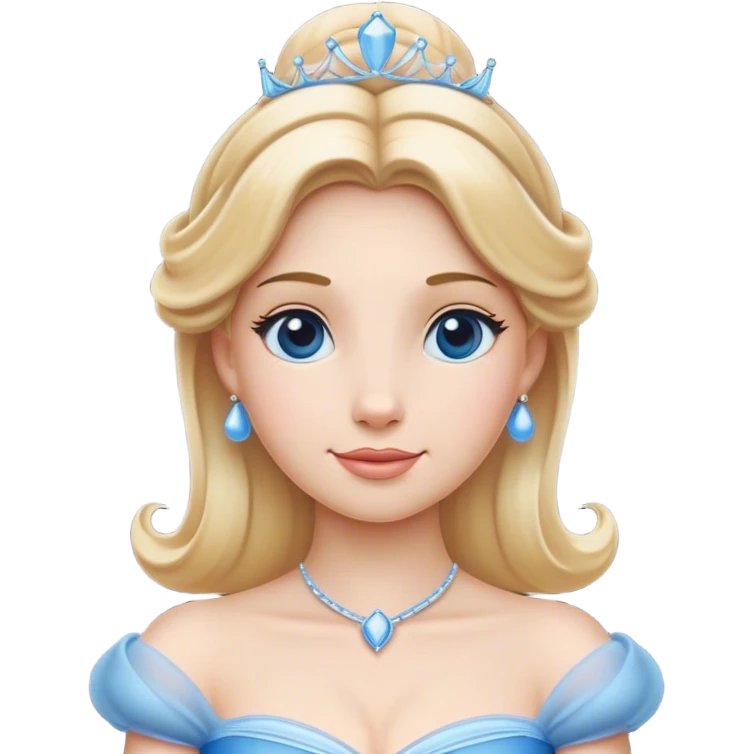 Cinematic Elegant Cinderella Portrait Emoji, rendered in a realistic, vector-style with minimal shading and bold, simplified shapes. Depict Cinderella in her classic ball gown (chest and above) with fair, porcelain skin and elegantly styled blonde hair, her eyes soft and kind, and her expression serene and graceful. The design glows with a gentle, enchanting radiance and high shine, capturing the timeless beauty of a fairy tale princess. emoji