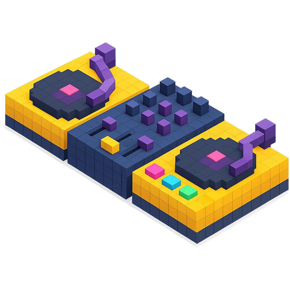 detailed DJ equipment close-up with turntables, mixer, and glowing buttons emoji
