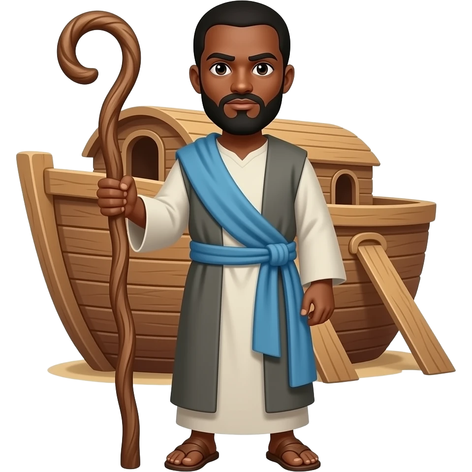 Black bald man playing Noah standing in front of his Ark (not a picture of it) emoji