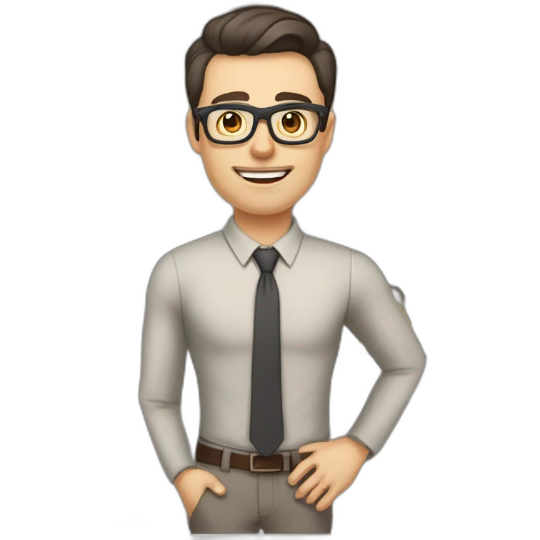 Pale skinned fit man with dark brown hair in gray jacket, beige office shirt, brown tie, brown pants and vintage glasses Writing on the marker board emoji