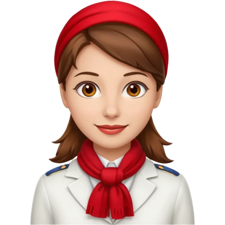 Female flight attendant, with red scarf, white shirt, brown hair, brown eyes, iOS emoji-type face, fair skin  emoji